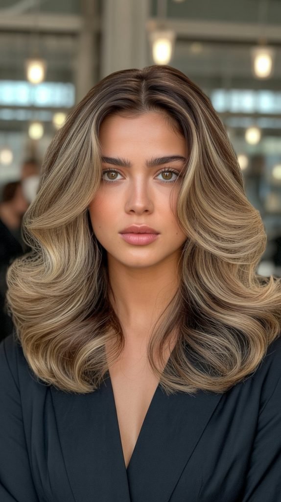 Voluminous Blowout with Butter Blonde and Hazelnut Lowlights