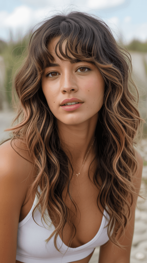 Caramel Highlights on Wavy Hair with Bangs