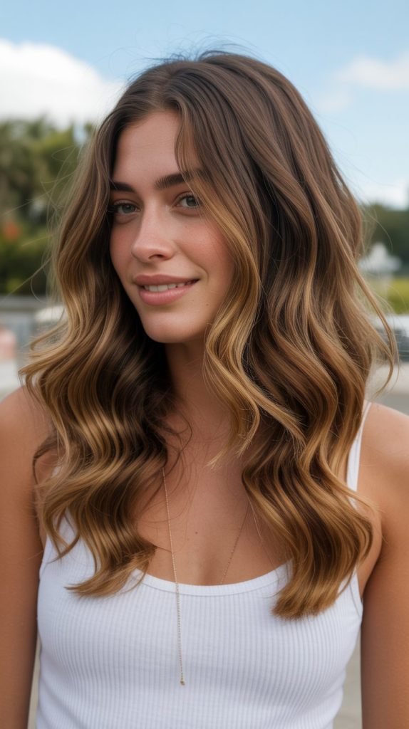 Caramel Highlights on Brown Hair with Honey Balayage and Beachy Waves