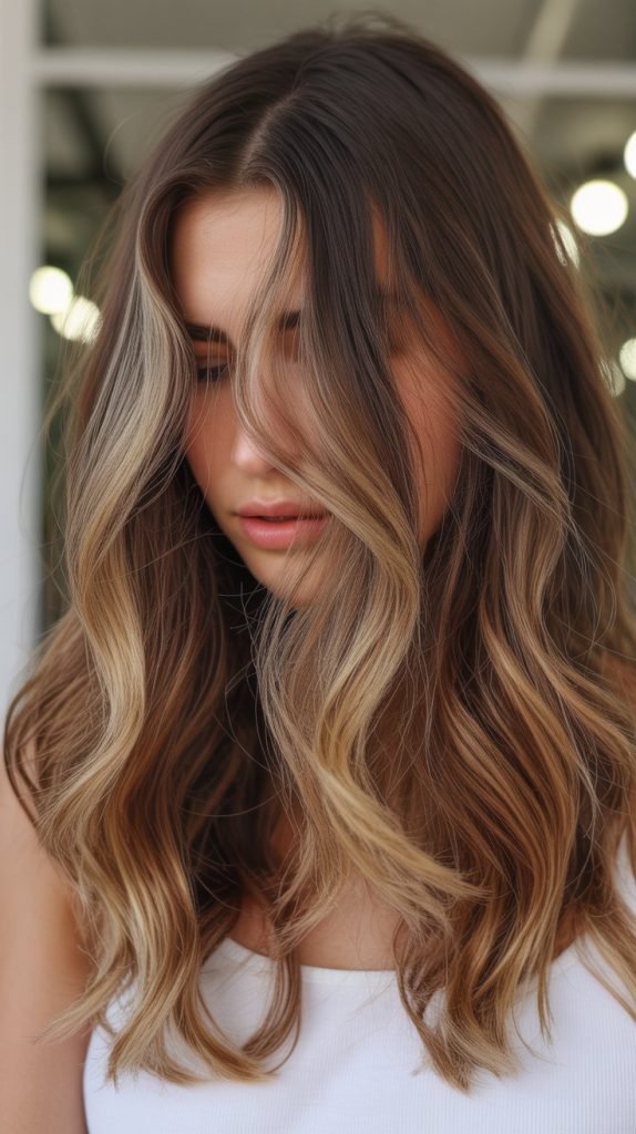 Caramel Balayage with Honey Face-Framing and Peek-a-Boo Lowlights