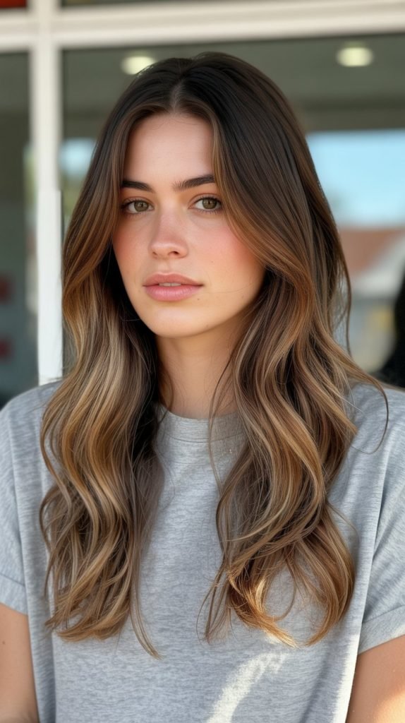 Caramel Highlights on Brown Hair with Honey Babylights and Lived-In Roots