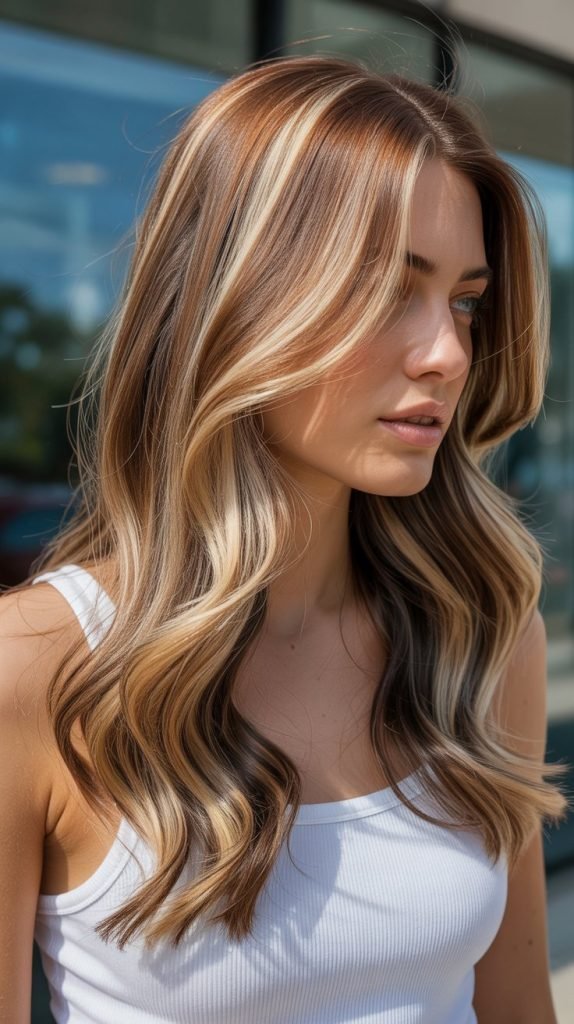 Caramel Blonde Base with Chocolate Lowlights and Blonde Highlights