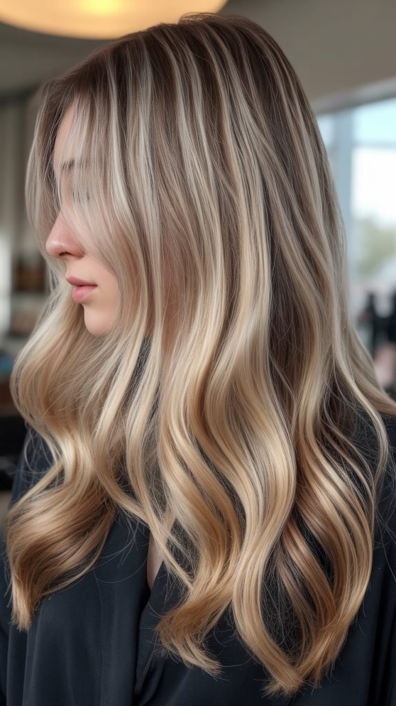 Champagne Blonde with Chocolate Root Shadow and Caramel Ends