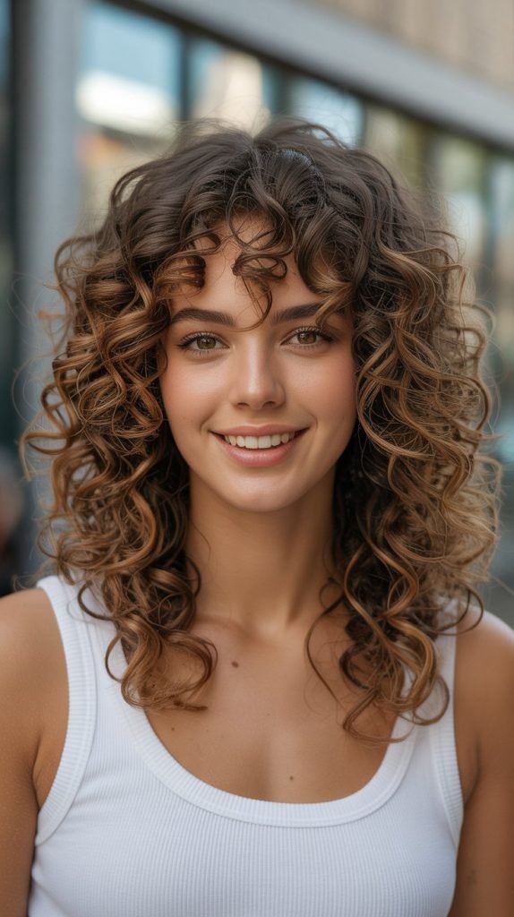 Caramel Highlights on Curly Medium Brown Hair