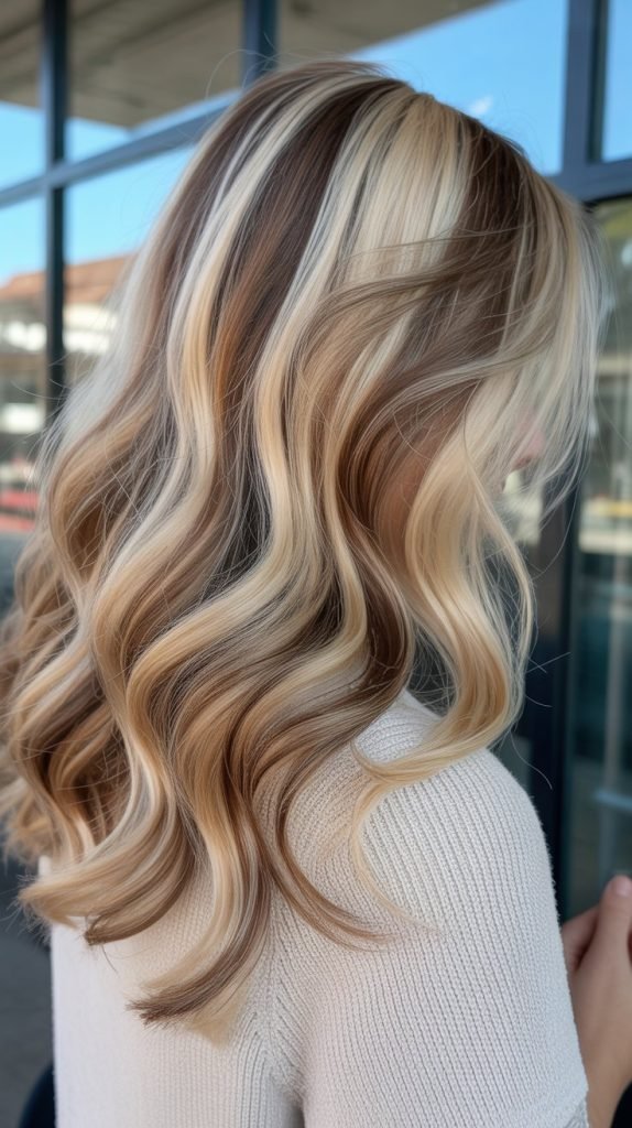 Flaxen Blonde with Caramel and Chocolate Highlights