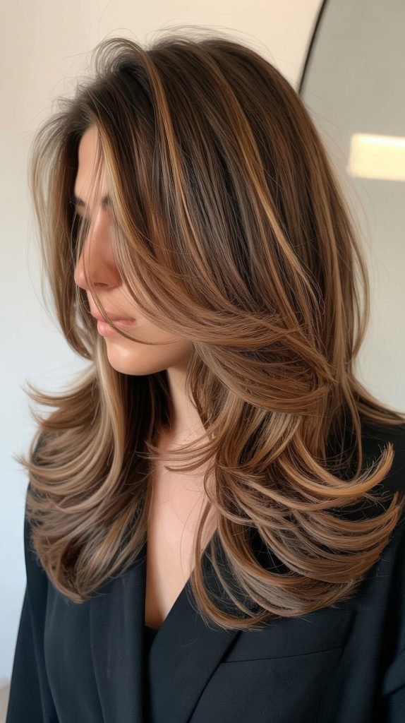 Caramel Balayage on Layered Brown Hair