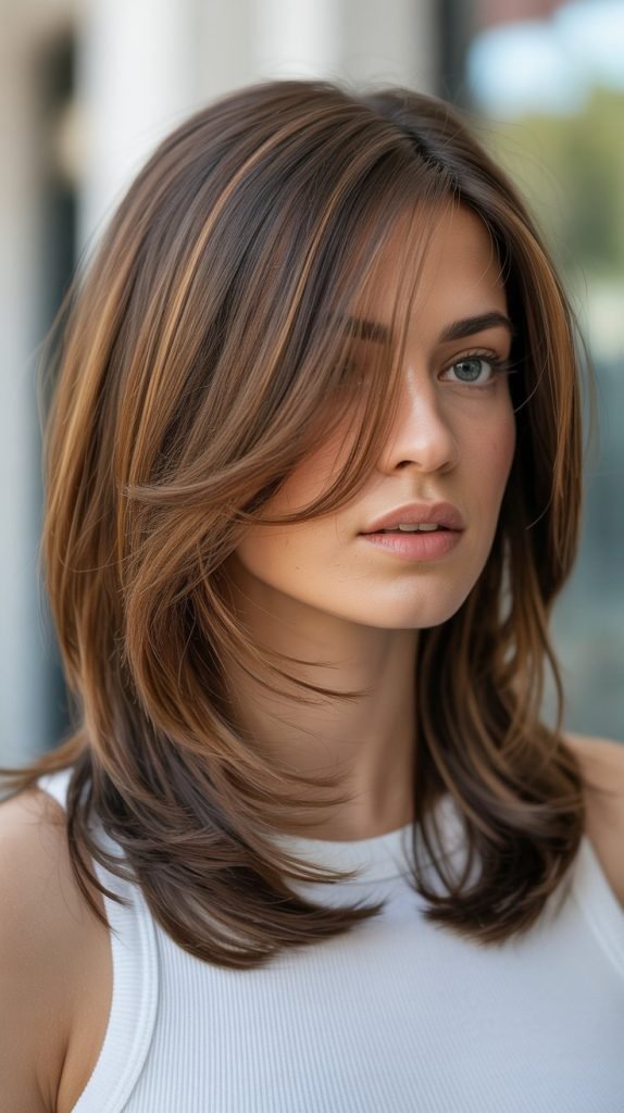 Caramel Highlights on Layered Medium Brown Hair