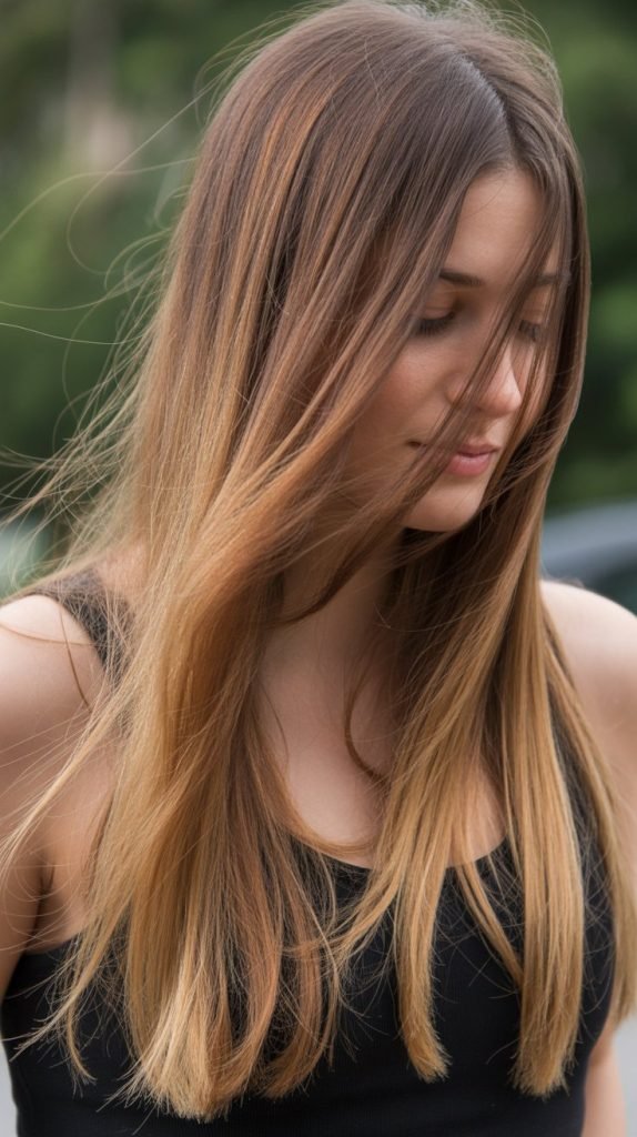 Long Layered Hair with Graduated Brown to Caramel Ombre