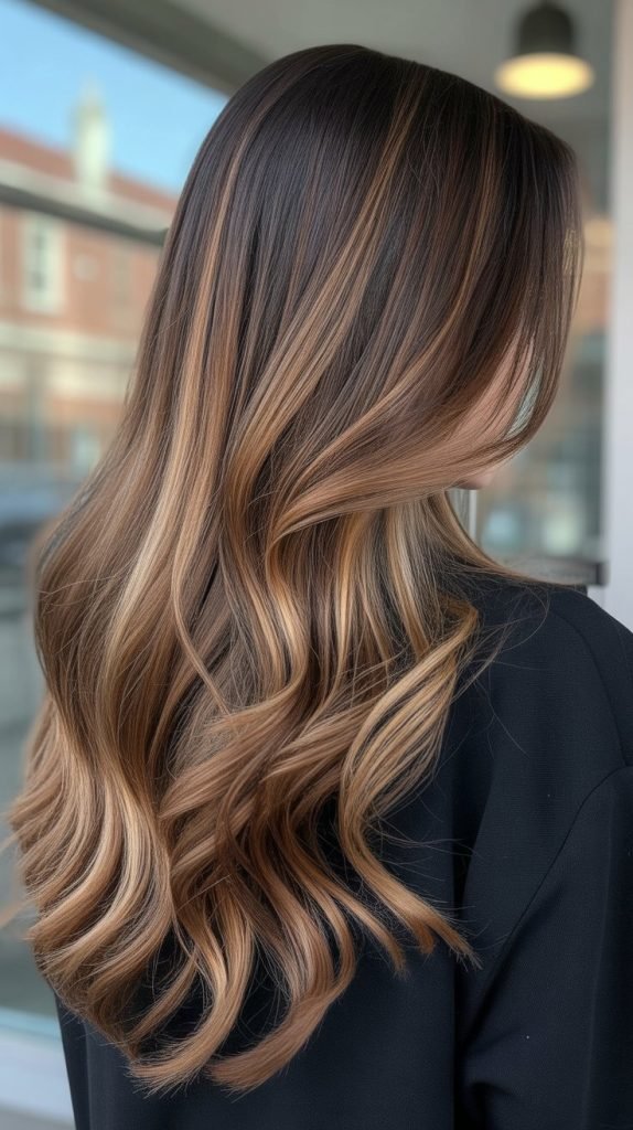 Caramel Highlights on Long Medium Brown Hair