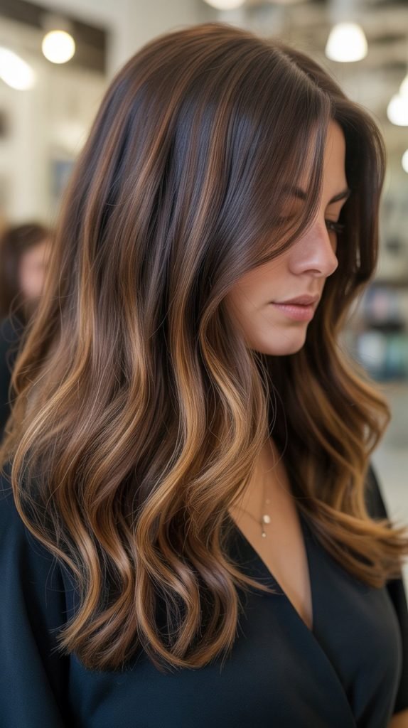 Caramel Highlights on Medium Brown Hair with Honey Lowlights and Chocolate Base