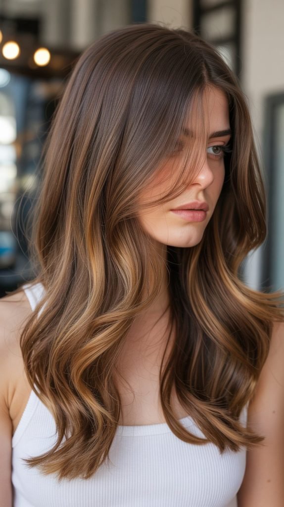 Caramel Balayage with Honey Lowlights for Thick Brown Hair