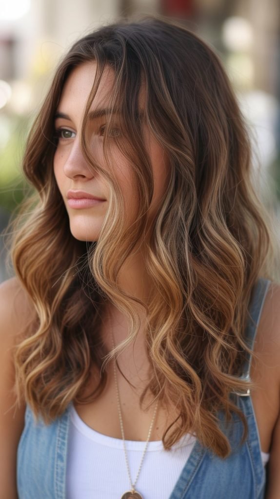 Caramel and Honey Balayage for Wavy Brown Hair