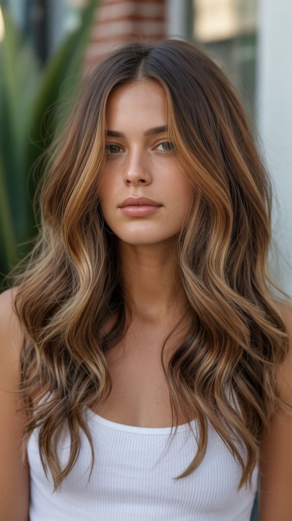 Caramel Highlights on Wavy Medium Brown Hair