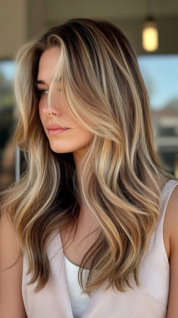 28. Wheat Blonde with Chocolate Lowlights and Caramel Balayage