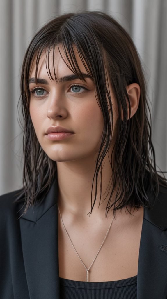 33. Sleek Long Bob with Curtain Bangs and Wet Look Styling