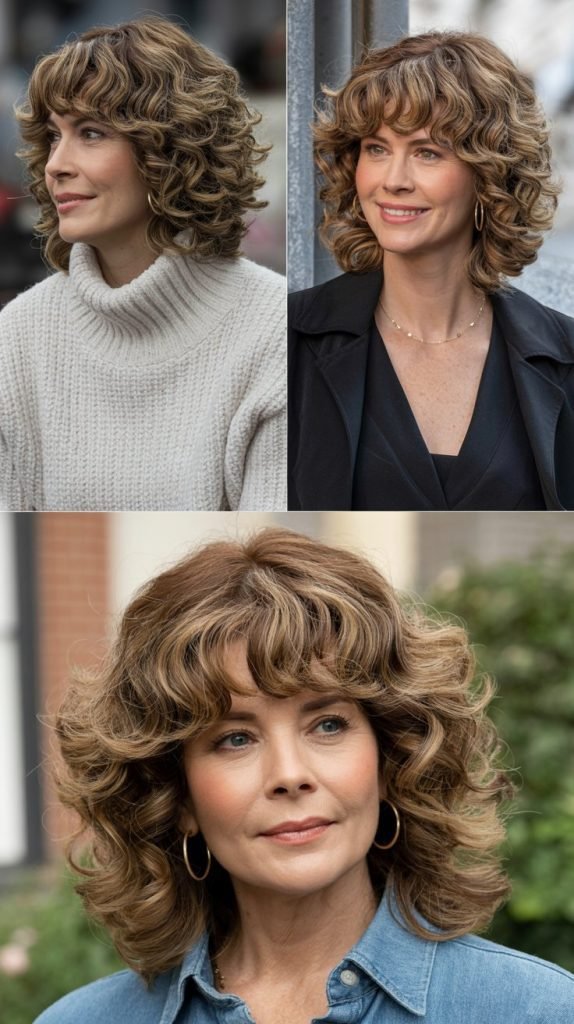 9. Medium-Length Curly Layers with Curtain Bangs