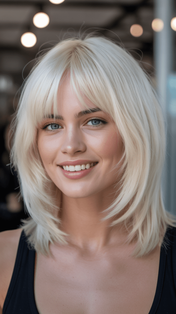 Platinum Blonde Long Bob with Curtain Bangs