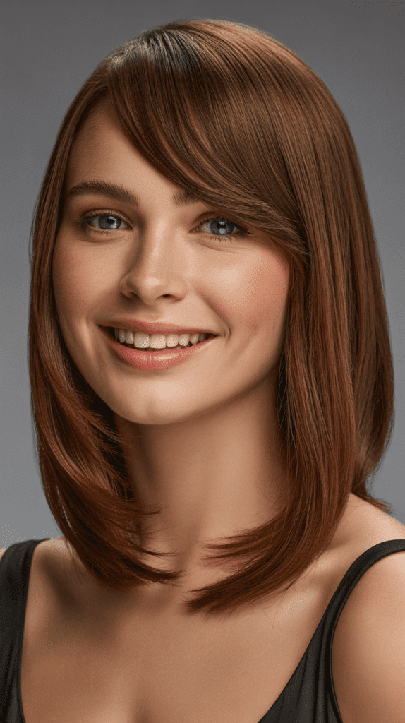 Sleek Long Bob with Side-Swept Curtain Bangs