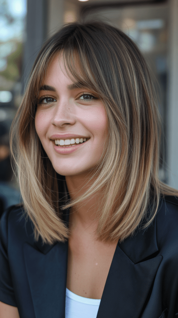 Balayage Long Bob with Curtain Bangs