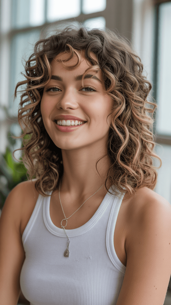 Long Bob with Curtain Bangs for Curly Hair