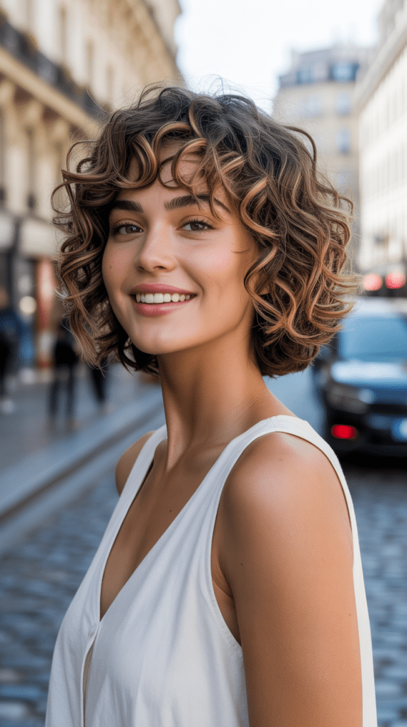 Curly French Bob with Short Textured Fringe