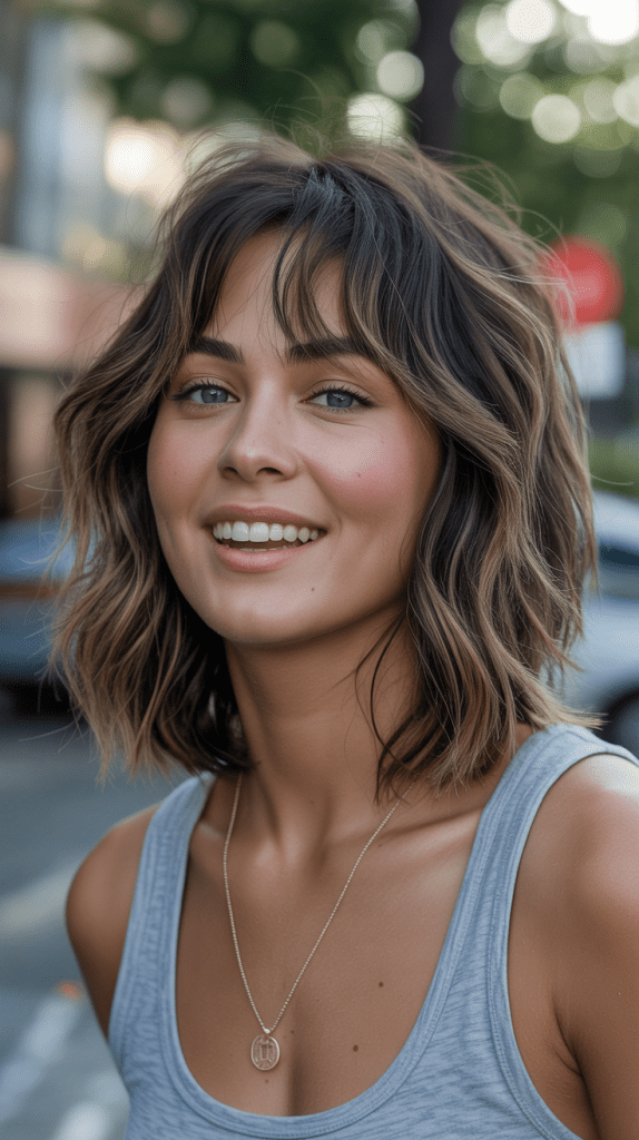  Messy Long Bob with Tousled Curtain Bangs