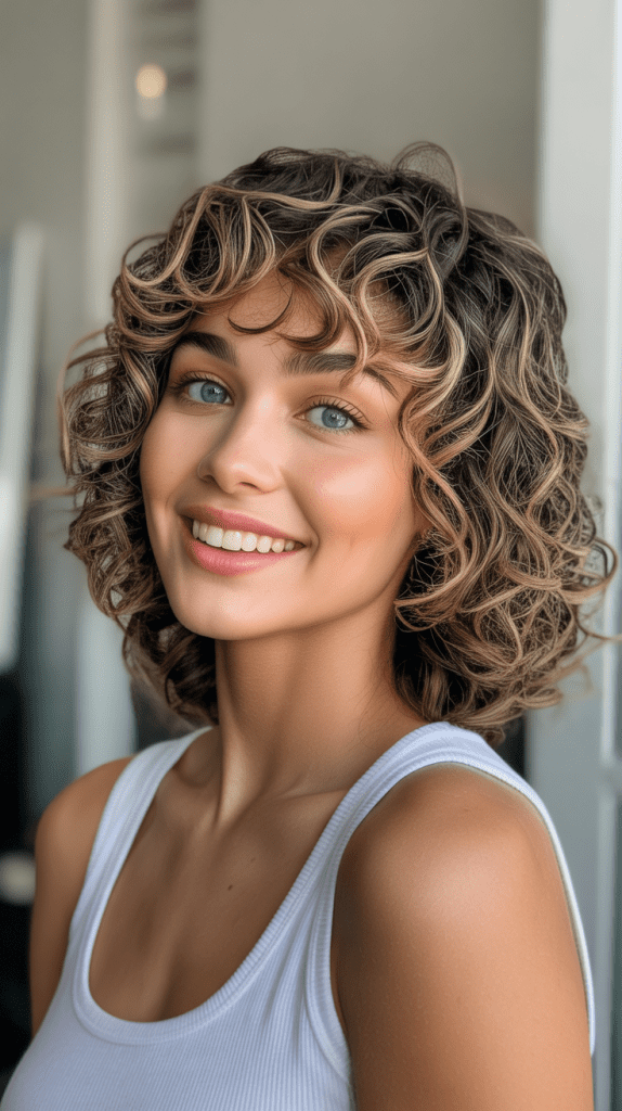 Curly Long Bob with Curtain Bangs