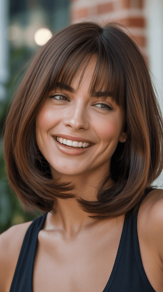 Chocolate Brown Long Bob with Curtain Bangs