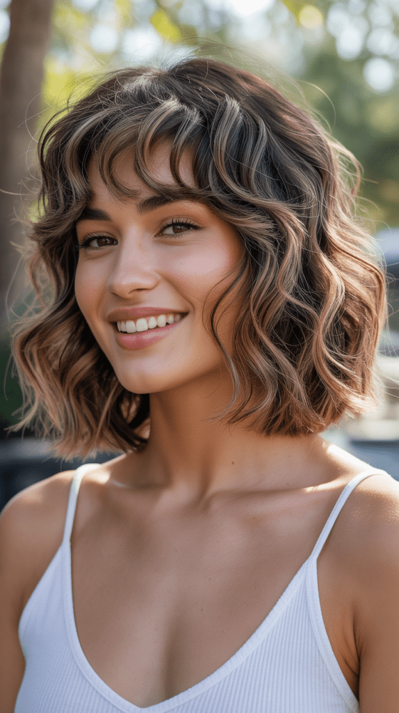 Wavy Long Bob with Textured Curtain Bangs
