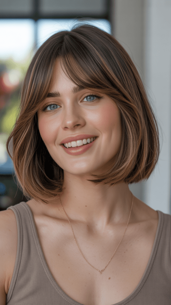 Long Bob with Curtain Bangs for Heart-Shaped Faces