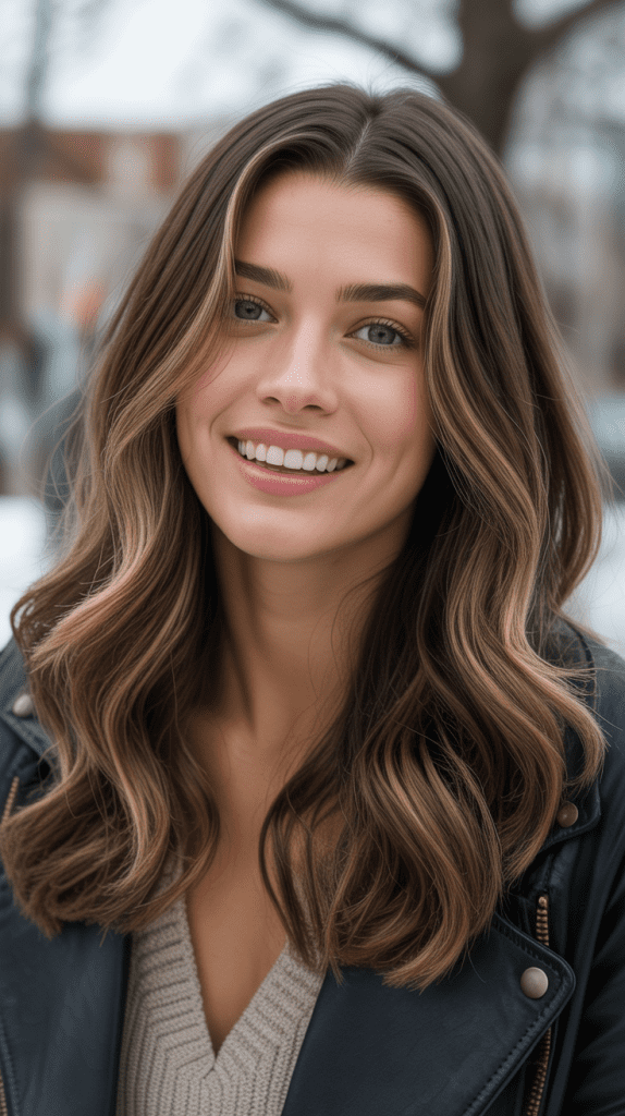Realistic photo of light brunette hair with espresso lowlights, deep brown dimension, contrast with lighter base, winter portrait photography, professional color technique