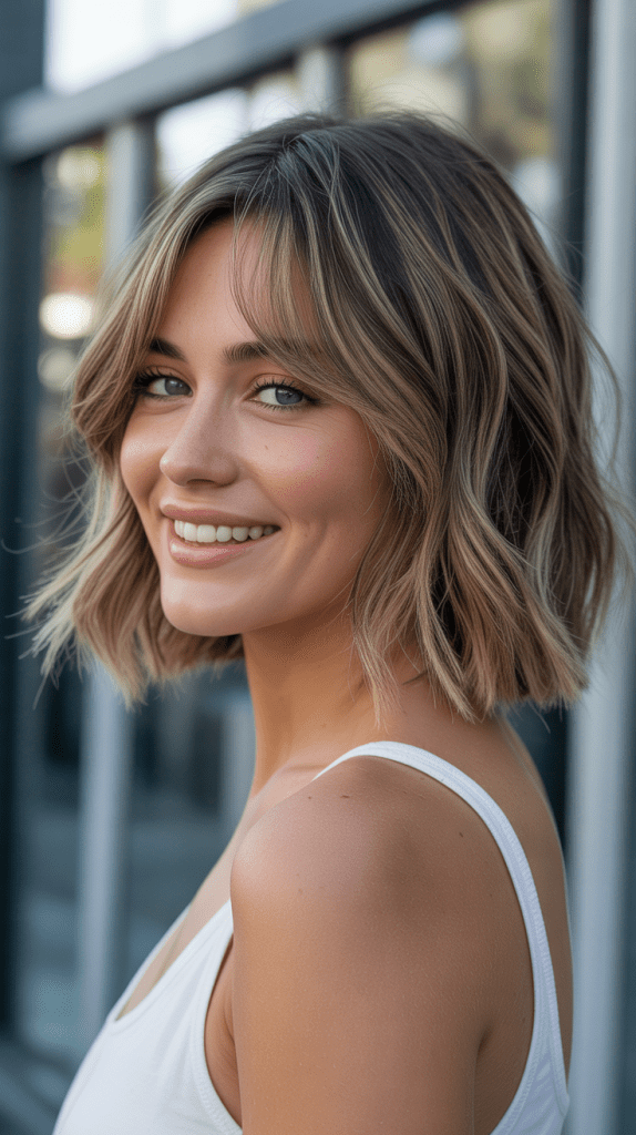 Angled Bob with Swoopy Curtain Bangs