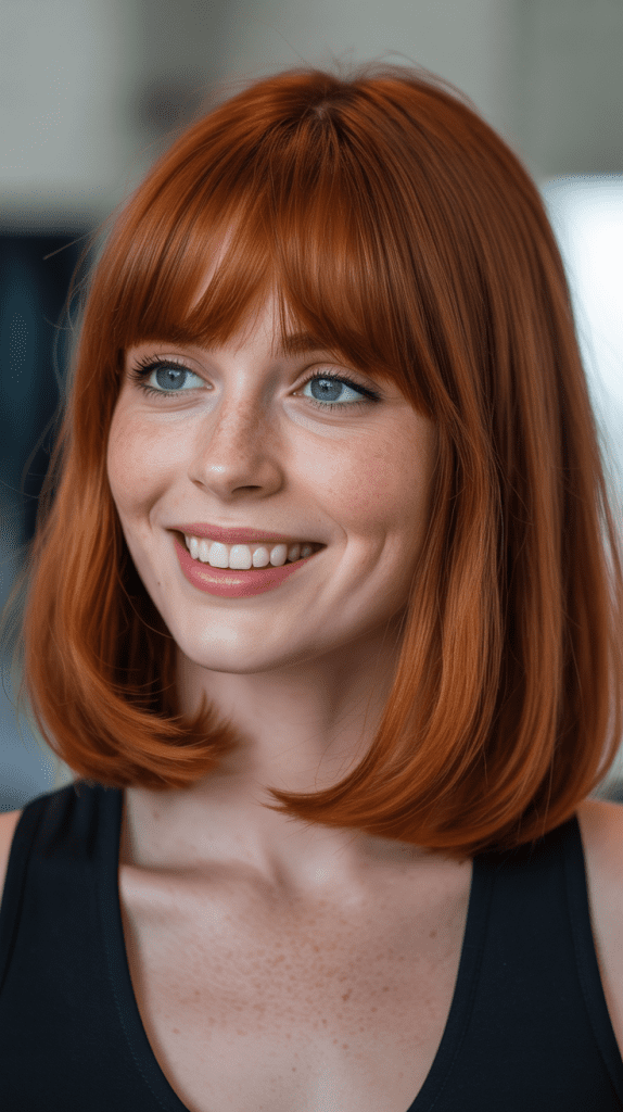 Red Long Bob with Curtain Bangs