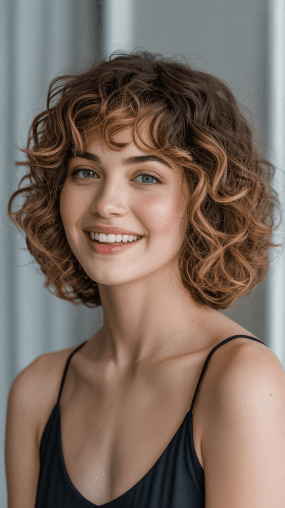 Rounded Curly Bob with Full Bangs