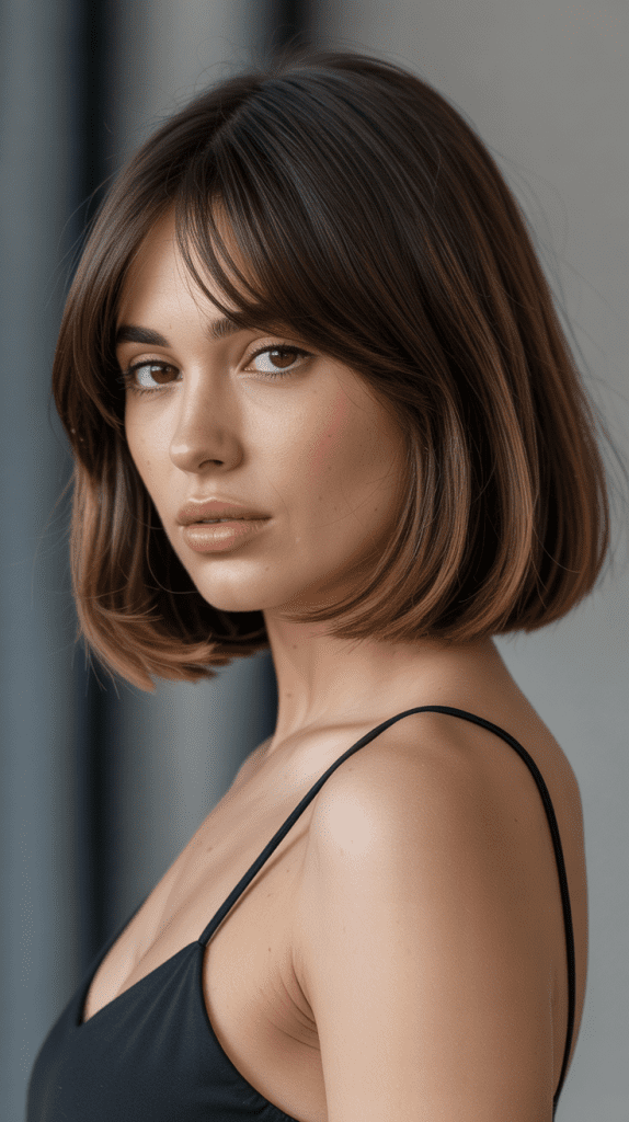 Classic Blunt Long Bob with Soft Curtain Bangs