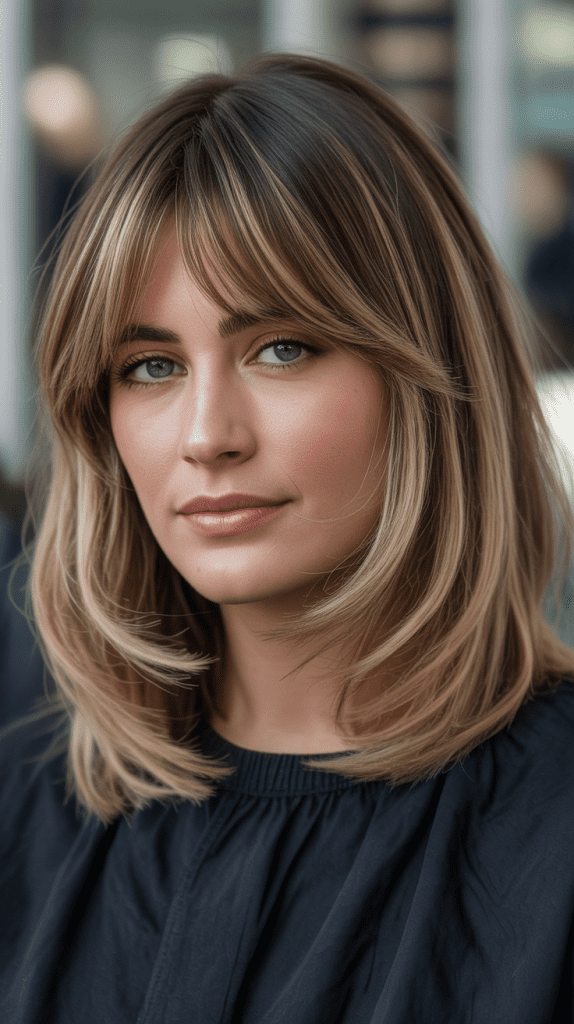 Long Bob with Curtain Bangs and Ribboning Highlights