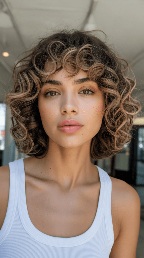 Curly Long Bob with Defined Curtain Bangs