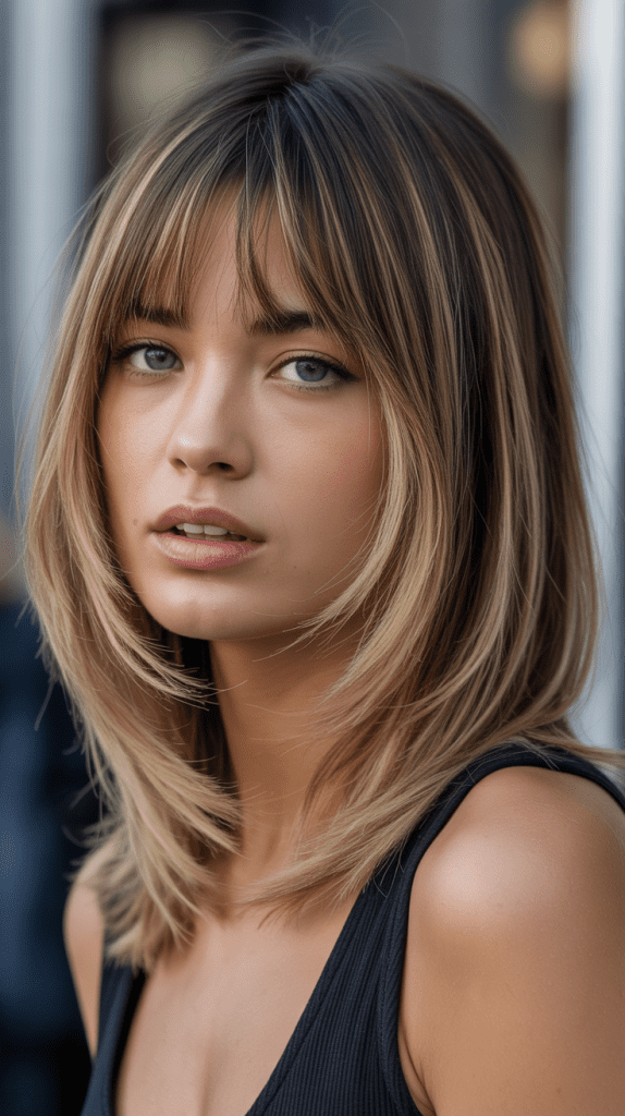  Long Bob with Curtain Bangs and Peek-A-Boo Highlights