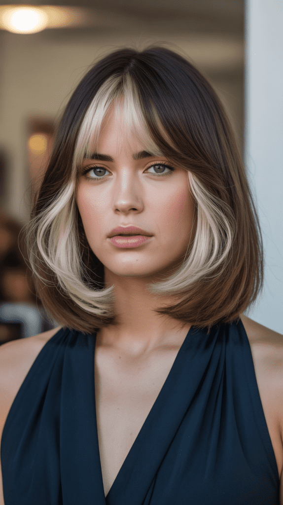 Long Bob with Curtain Bangs and Money Piece Highlights