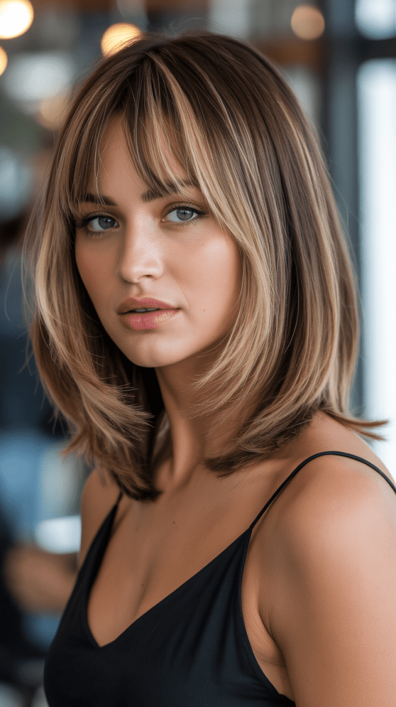 Long Bob with Curtain Bangs and Underlights