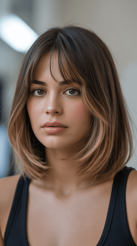 Long Bob with Curtain Bangs and Face-Framing Highlights