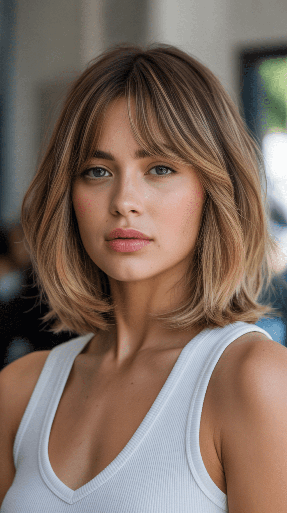  Long Bob with Curtain Bangs and Lived-In Color