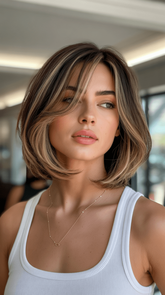 Layered Long Bob with Side-Swept Curtain Bangs