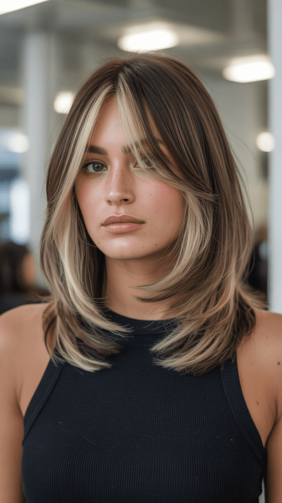  Dimensional Long Bob with Highlighted Curtain Bangs