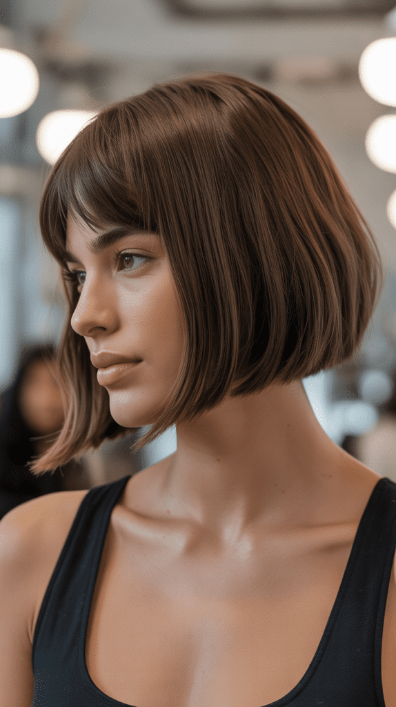 Angled Long Bob with Graduated Curtain Bangs