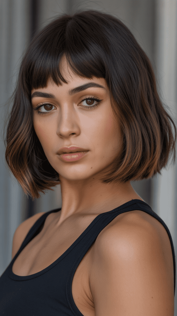 Long Bob with Curtain Bangs and Glass Hair Finish