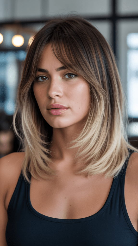  Long Bob with Curtain Bangs and Ombre Effect