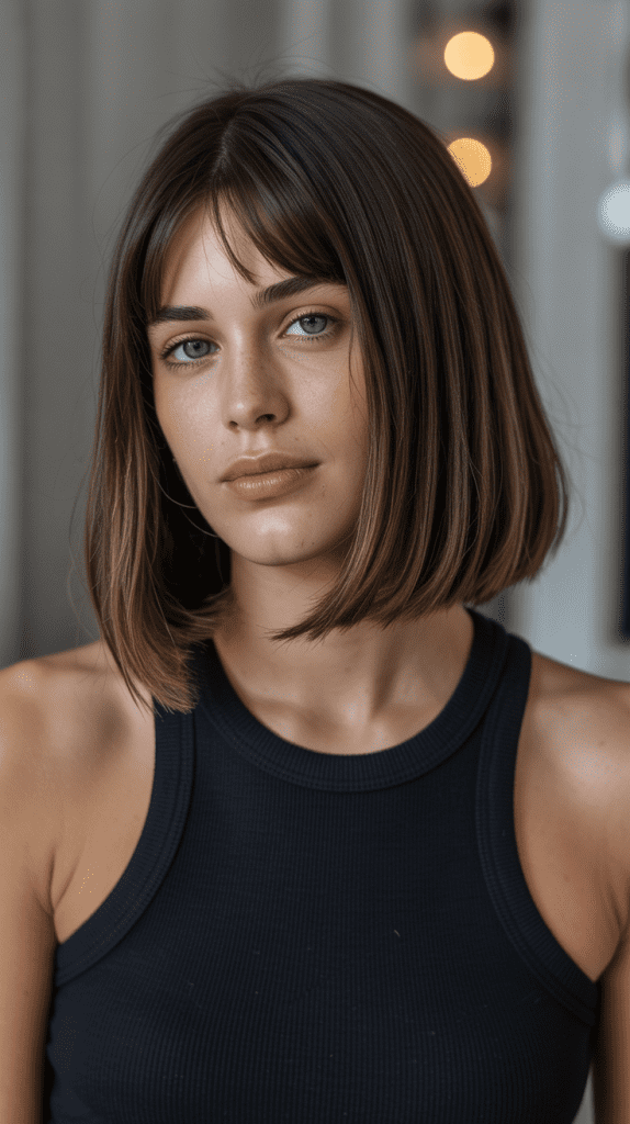Sleek Long Bob with Center-Parted Curtain Bangs