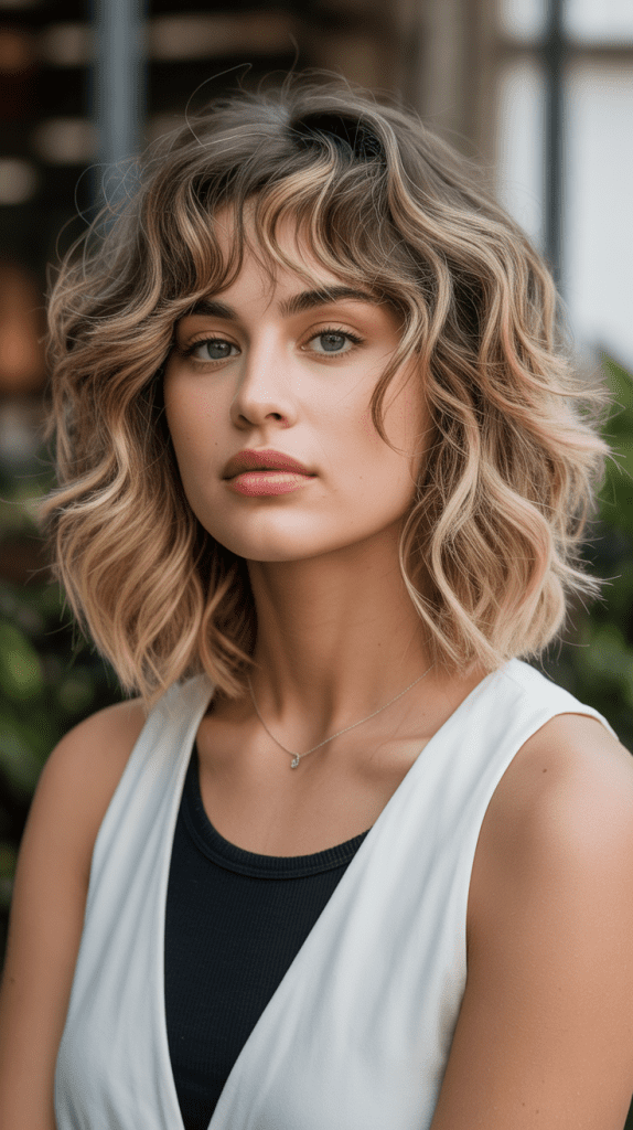 Wavy Long Bob with Tousled Curtain Bangs
