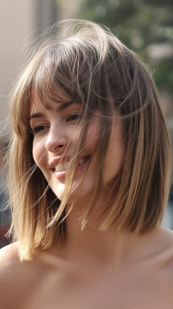 14. Tousled Long Bob with Curtain Bangs